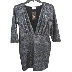 Style Rack Black silver blue metallic splatter plunge 3/4 sleeve mini dress M